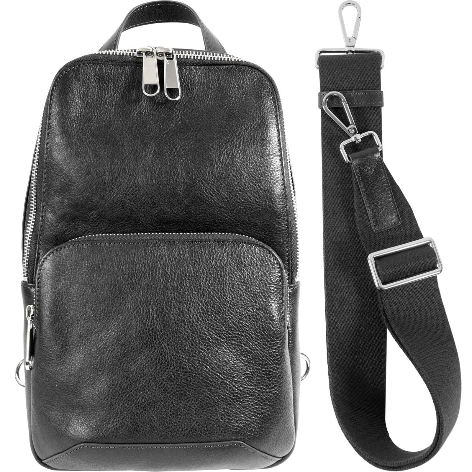 Color ブラック Dom Teporna ボディバッグ 本革 イタリアンレザー コンパクト 収納 大容量 牛革 レザー メンズ レディース ブラック Wideタイプ