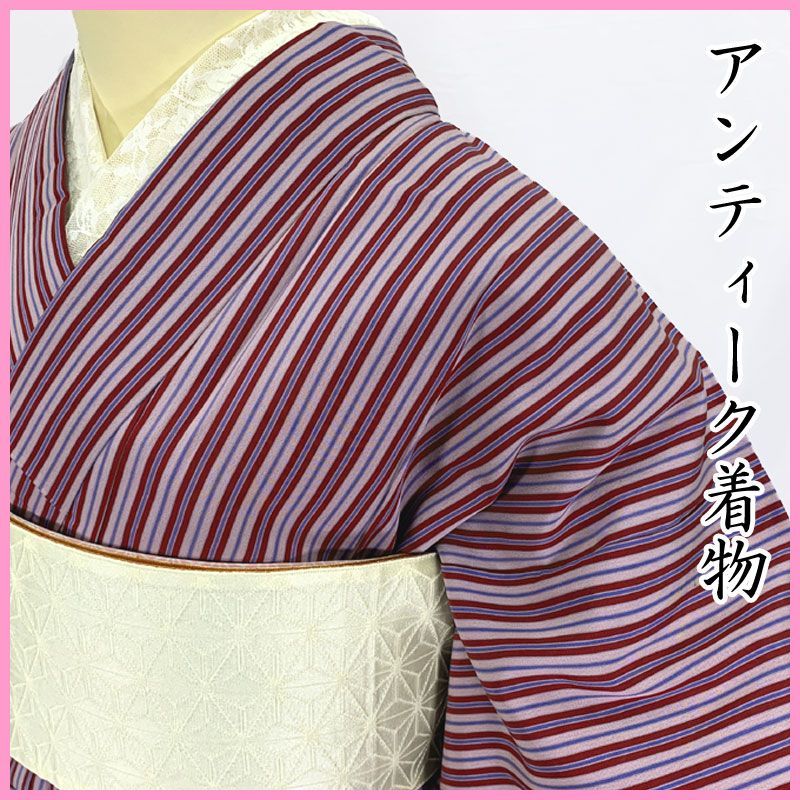 411aa10◇アンティーク着物 細縞 ピンク系 大正ロマン 昭和