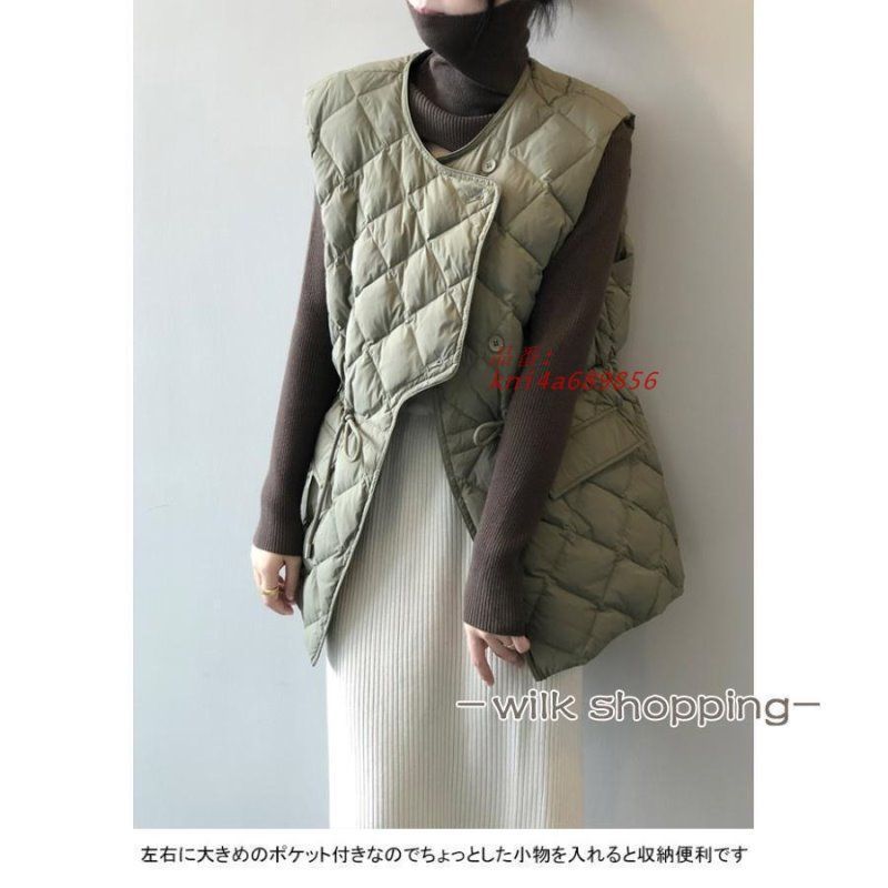  中綿ベスト レディース アウター 無地 袖なし 不規則裾 防寒 前開き 軽量 紐付き 秋冬 ポケット暖かい ボタン 保温性 シンプル kni 4 a 689856 ビスチェ ベスト ジレ ビスチェ