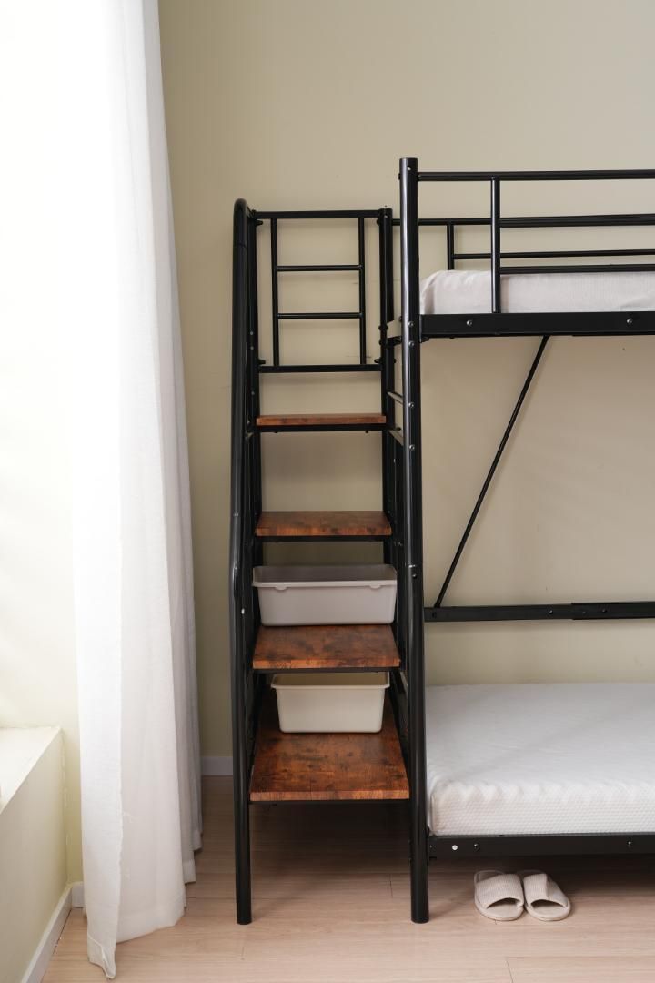 マットレス2個付】Sロフトベッド 階段付きパイプベッドシングル収納