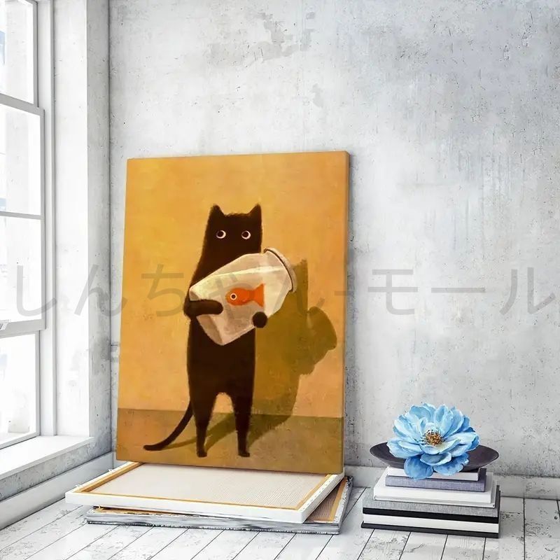 木製フレーム付き ネコと金魚のアートパネル】木製フレームウォール