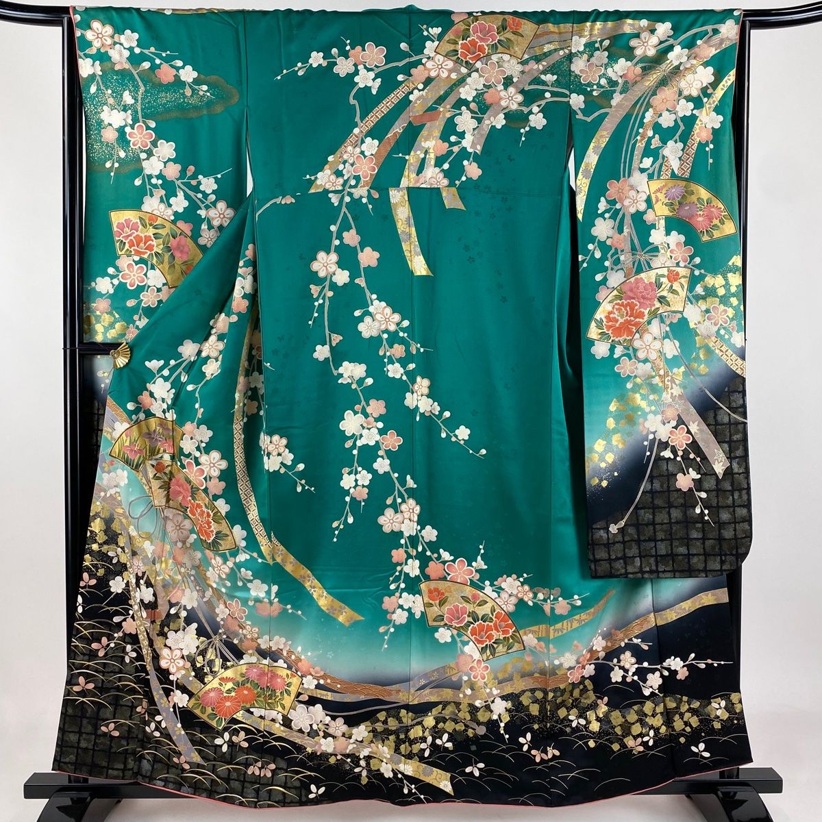 振袖 身丈159.5cm 裄丈65cm M 袷 扇面 草花 金糸 金銀彩 緑 正絹 名品