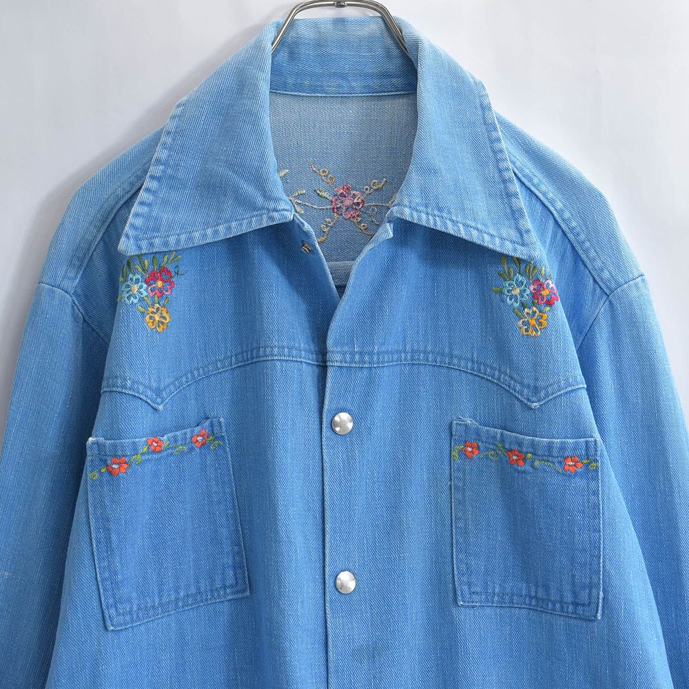 90s～ Vintage フラワー刺繍 デザイン デニム ウエスタンシャツ 長袖