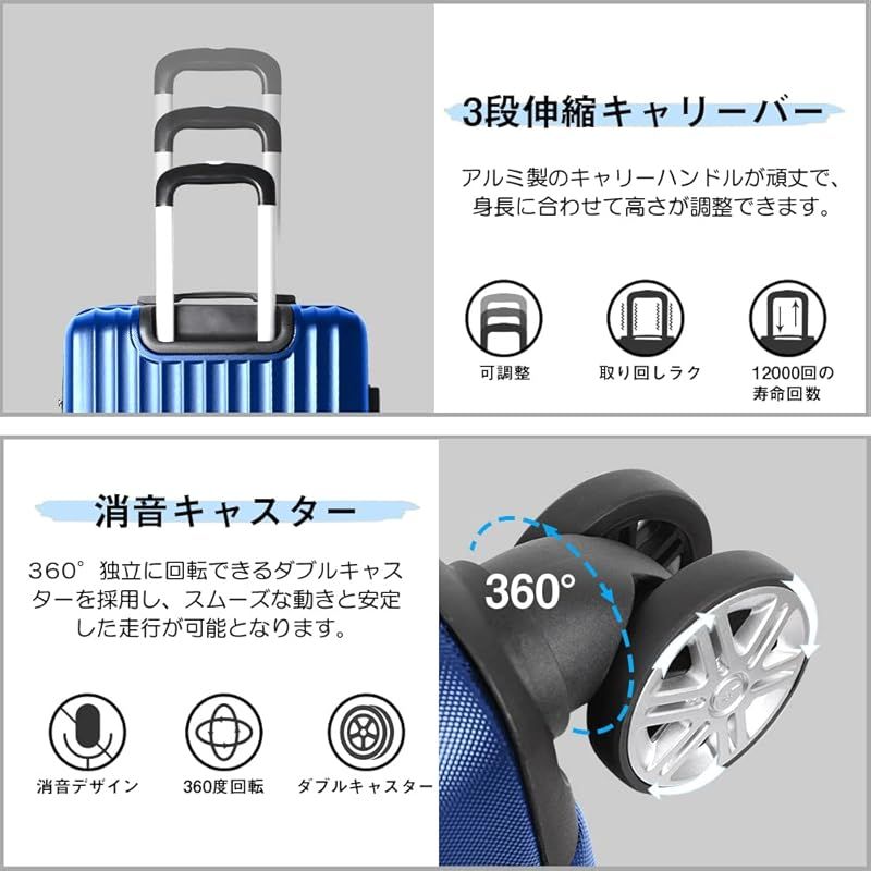 [New Trip] スーツケース キャリーケース 拡張機能付 Lサイズ 大型 7泊以上 長期旅行 キャリーバッグ 耐衝撃 超軽量 静音ダブルキャスター TSAロック搭載 ファスナータイプ 旅行 トラベル 海外 ビジネス 出張 1週間 95リットル ブルー 0