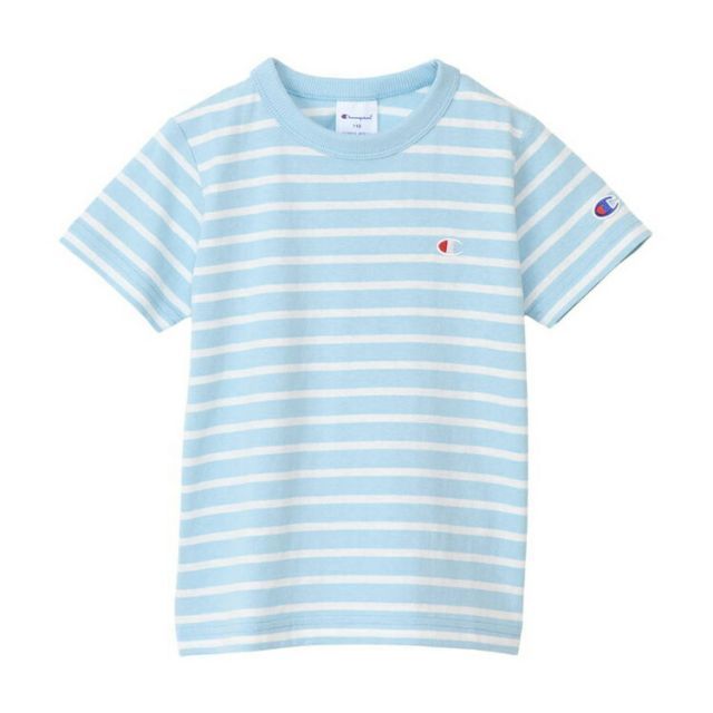 HANES ヘインズ SHORT SLEEVE サックス 110サイズ CK-X303 320 | スポーツ 運動 服 衣類 ウエア ウェア トップス ショートスリーブ Tシャツ 半袖 着心地 天竺素材 柄 デザイン ボーダー 刺繍 シンプル 機