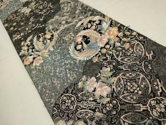 H-699 袋帯 正絹 六通 九寸 エスニック 華模様 袋帯 すくい織り 金糸 金色 エスニック調 山羊模様 動物柄 六通