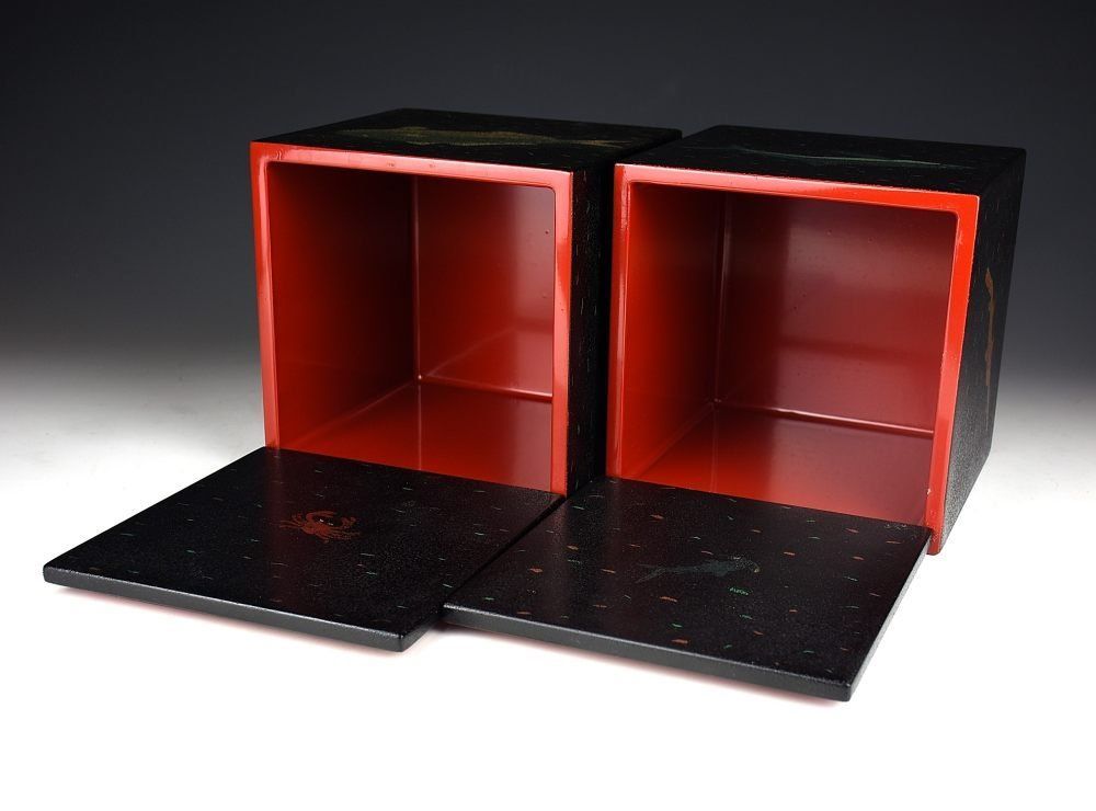 全店送料無料! 蔵C9778 漆画 魚尽くし箱 一対 藤井克彦