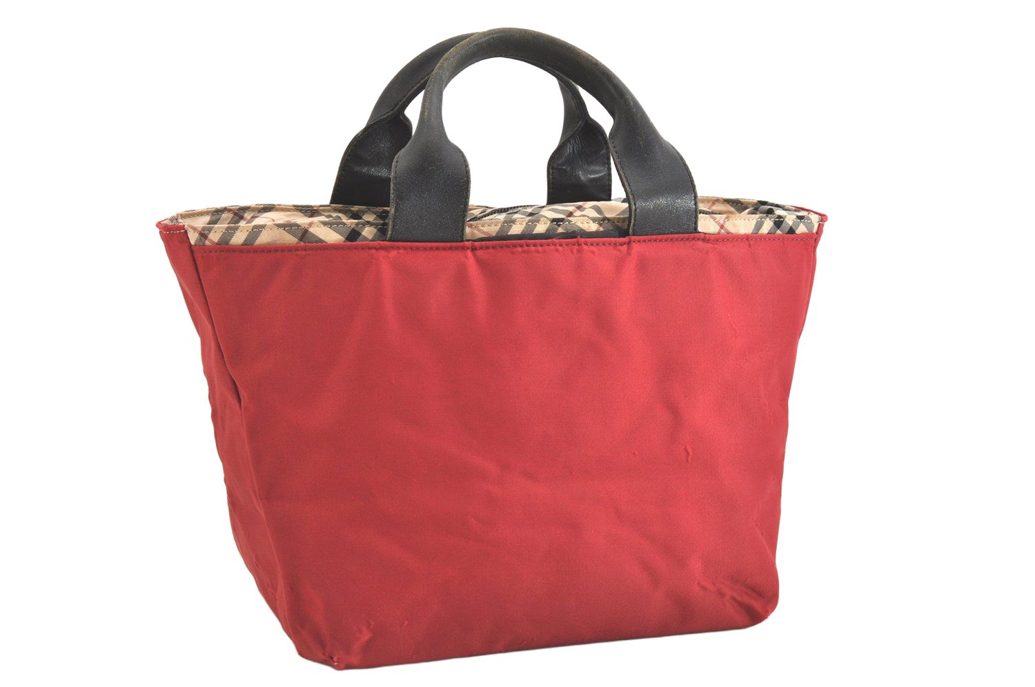 BURBERRY バーバリー ヴィンテージ チェック柄 ナイロン レザー ハンドトートバッグ 財布 レッド 2799N