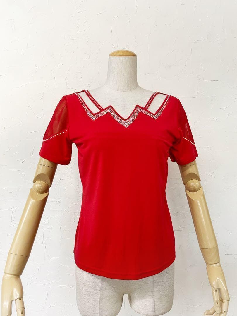 半袖】新品 M 社交ダンス オーロララインストーン カットソー赤B1117