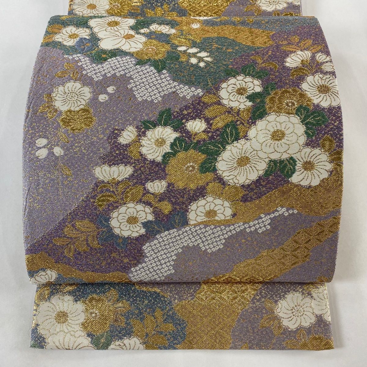 袋帯 美品 秀品 辻が花柄 有職文様 金銀糸 箔 薄紫 六通 正絹 【中古