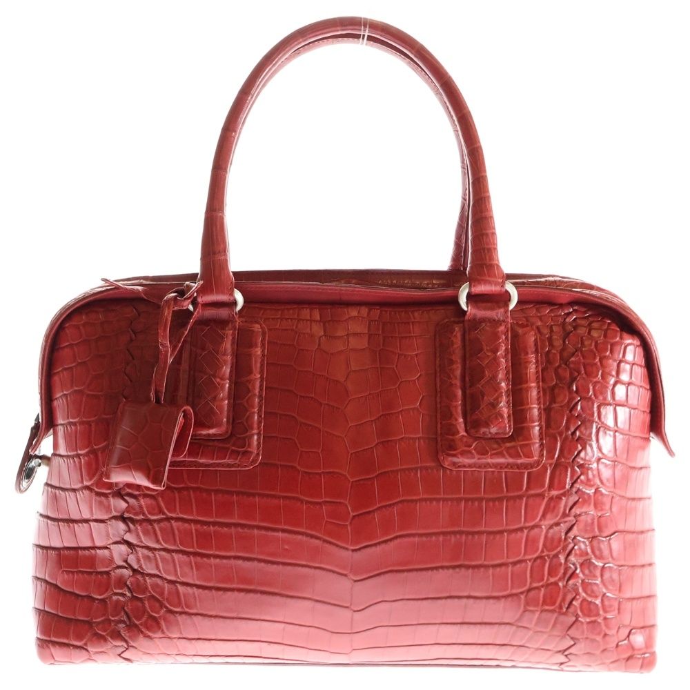 BOTTEGA VENETA ボッテガヴェネタ クロコダイル エンボスレザー ハンド ボストンバッグ シルバー金具 レッド
