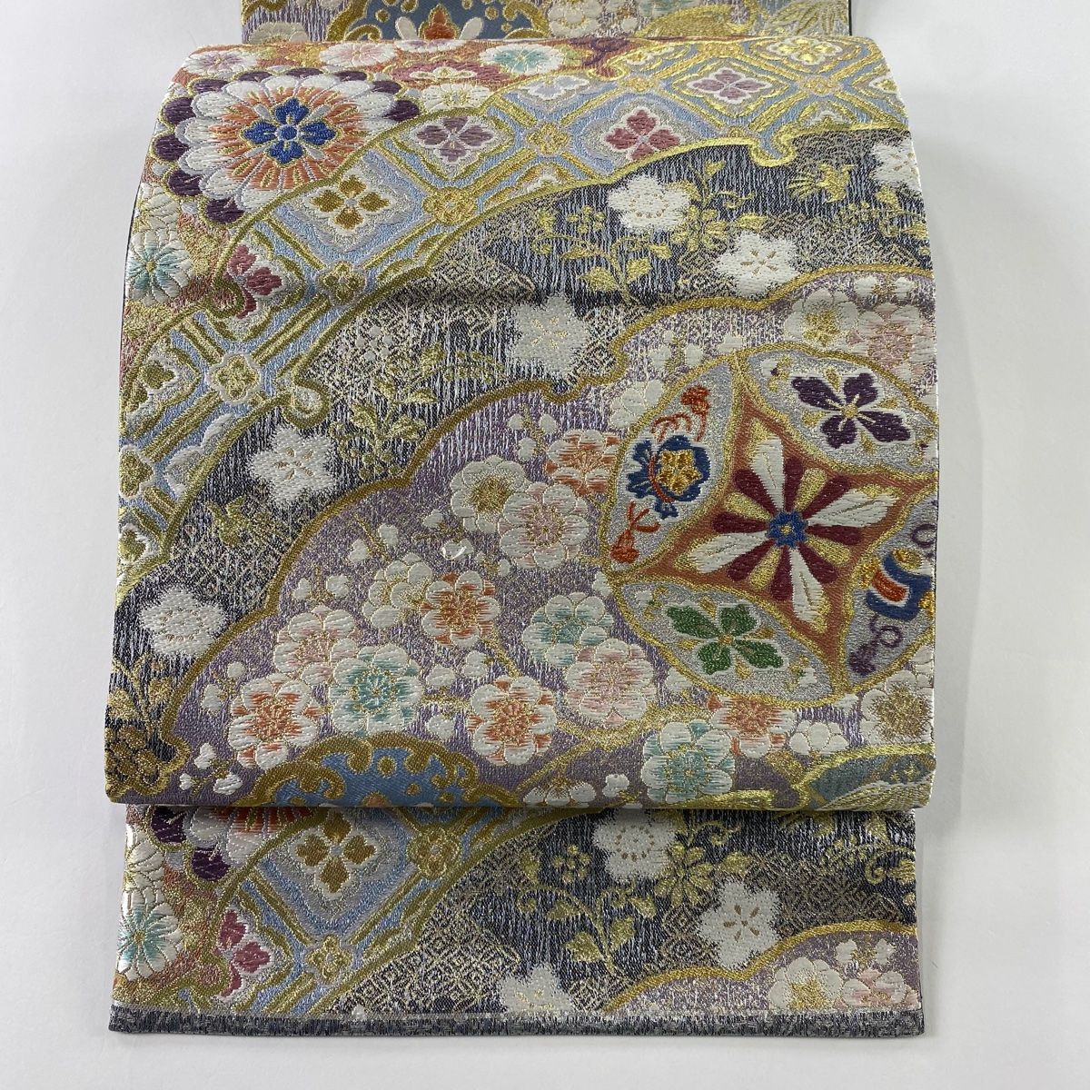 袋帯 美品 秀品 桜 箔 金糸 灰緑 六通 正絹 【中古】 袋帯 秀品 関西仕立て 雪輪 桜 金糸 箔 灰緑 六通 正絹 中古 袋帯