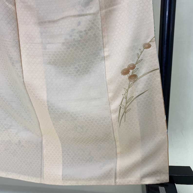 訪問着 中古 古典柄 花柄 扇面 オレンジ グレー 椿 鶴 菊 裄65.5