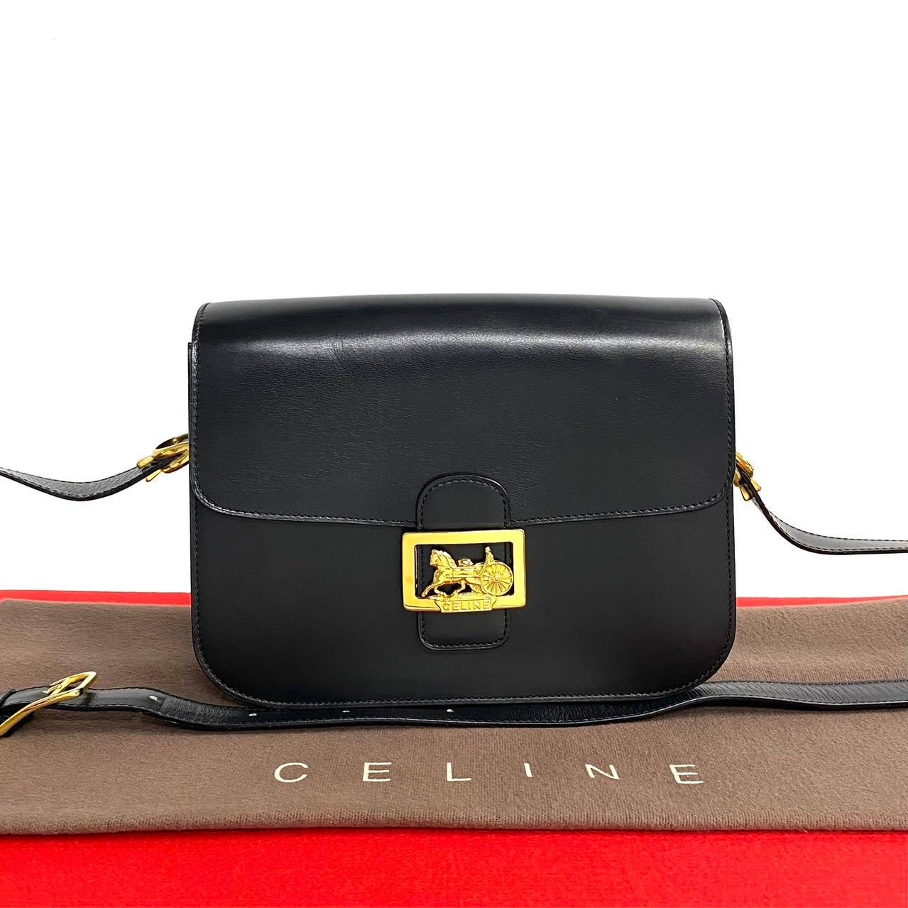 ほぼ未使用 希少品 CELINE セリーヌ 馬車金具 カーフレザー 本革 ミニ