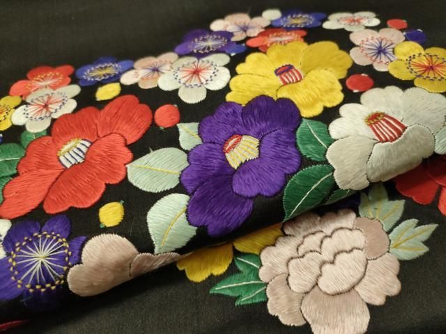 平和屋着物○アンティーク 大正ロマン 総刺繍 九寸名古屋帯 草花文