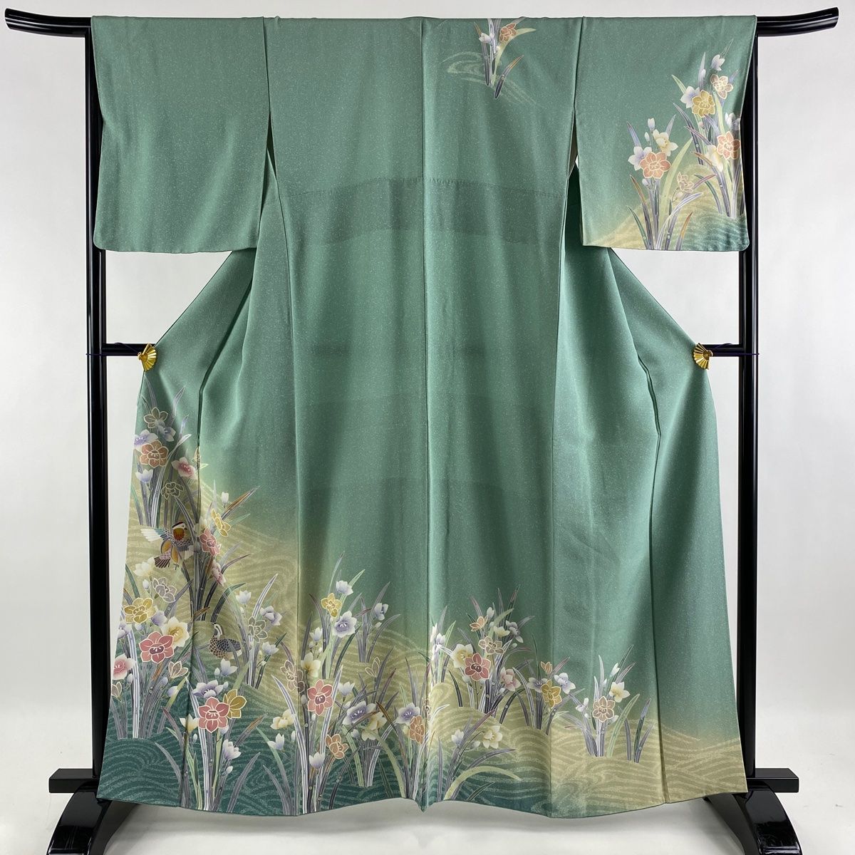 訪問着 美品 名品 鳥 草花 ぼかし 灰緑 袷 身丈162cm 裄丈66.5cm M