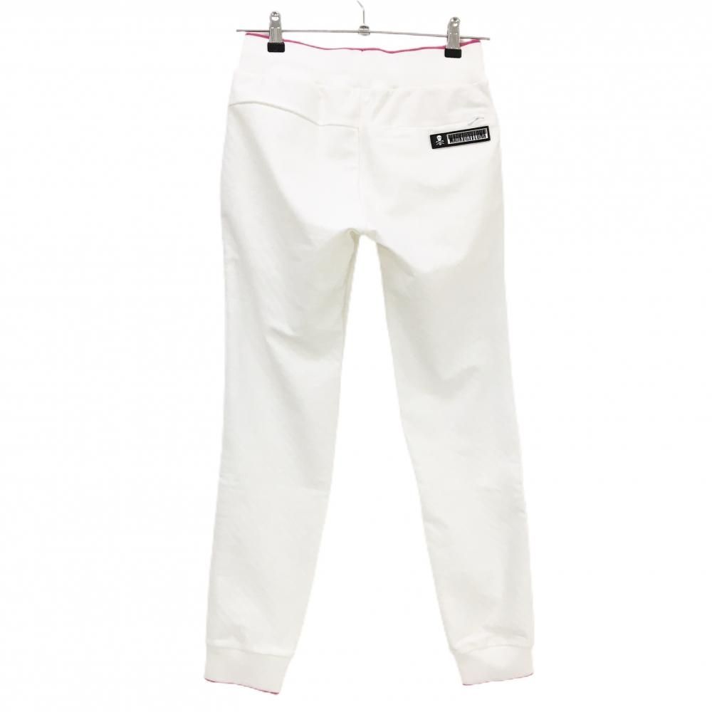 超 マークアンドロナ ジョガーパンツ 白×ピンク 斜めストライプ ロゴ地模様 レディース 36 S ゴルフウェア MARK&LONA