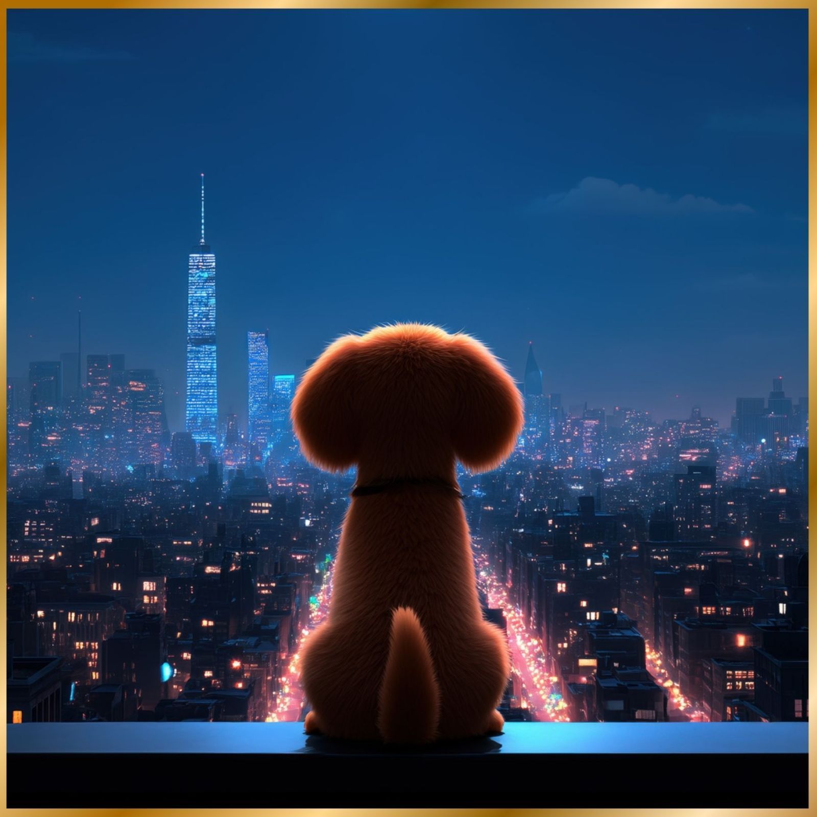 Luna and New York City - ダックスフンド犬 夜景 ニューヨーク マンハッタン シティー インテリアアート ペットロス うちの子 記念日 アートポスター 犬の絵 犬のイラスト ギフト プレゼント