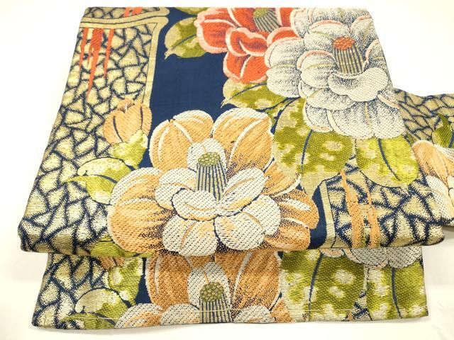 平和屋着物●アンティーク 大正ロマン 九寸名古屋帯 唐織 草花文 金糸 正絹 DAAY8231cm
