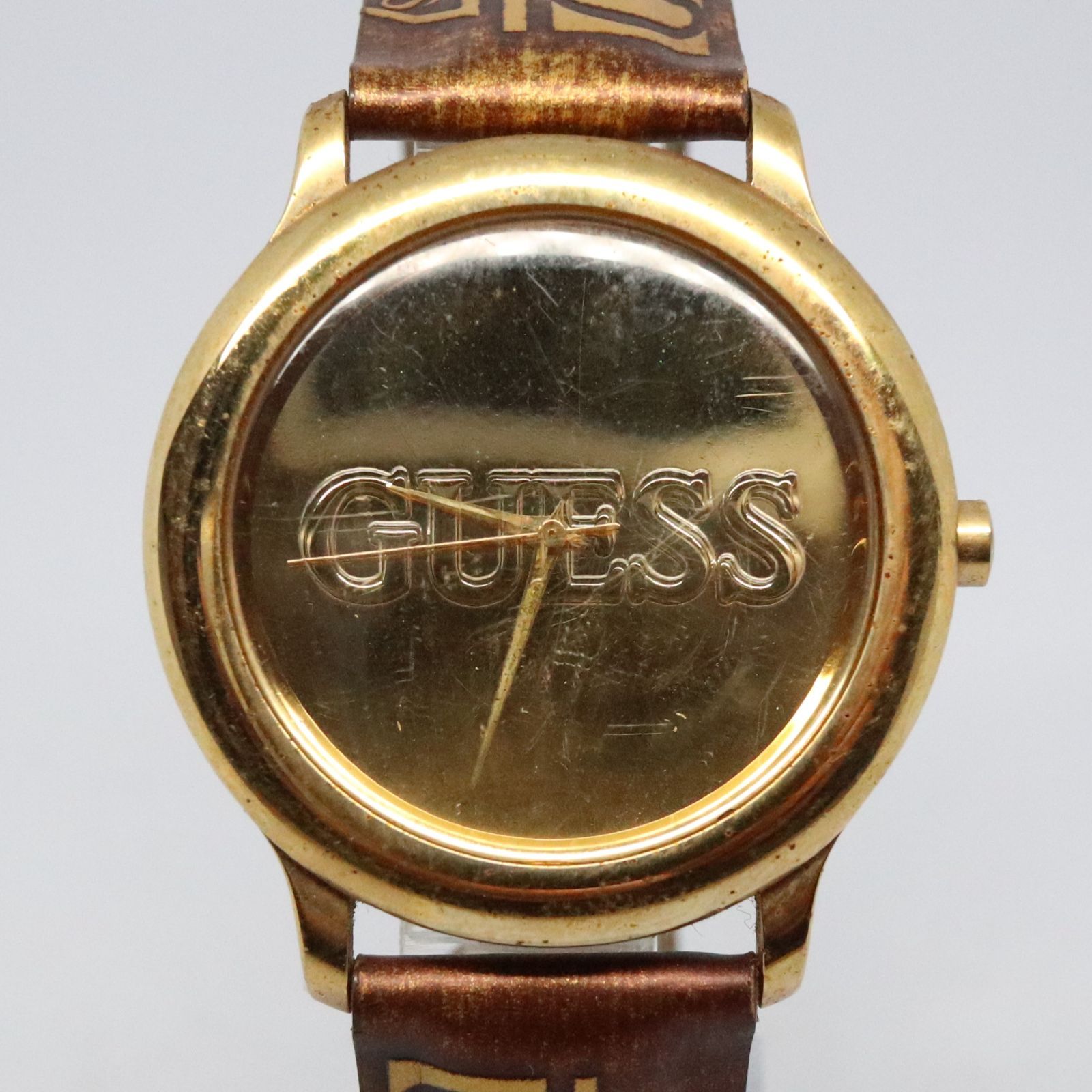 guess ゲス 腕時計 ロゴ柄 ブラウン ゴールド 稼働品】GUESS ゲス 腕時計 ヴィンテージ ゴールド 鏡面