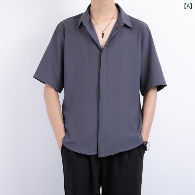 [L]メンズ ファッション 服 男性用 オシャレ シンプル 大人 かっこいい 大きいサイズ ストリート 紳士服 シャツ 半袖 黒 隠ボタン トップス 夏 ハイエンド クール 七分袖