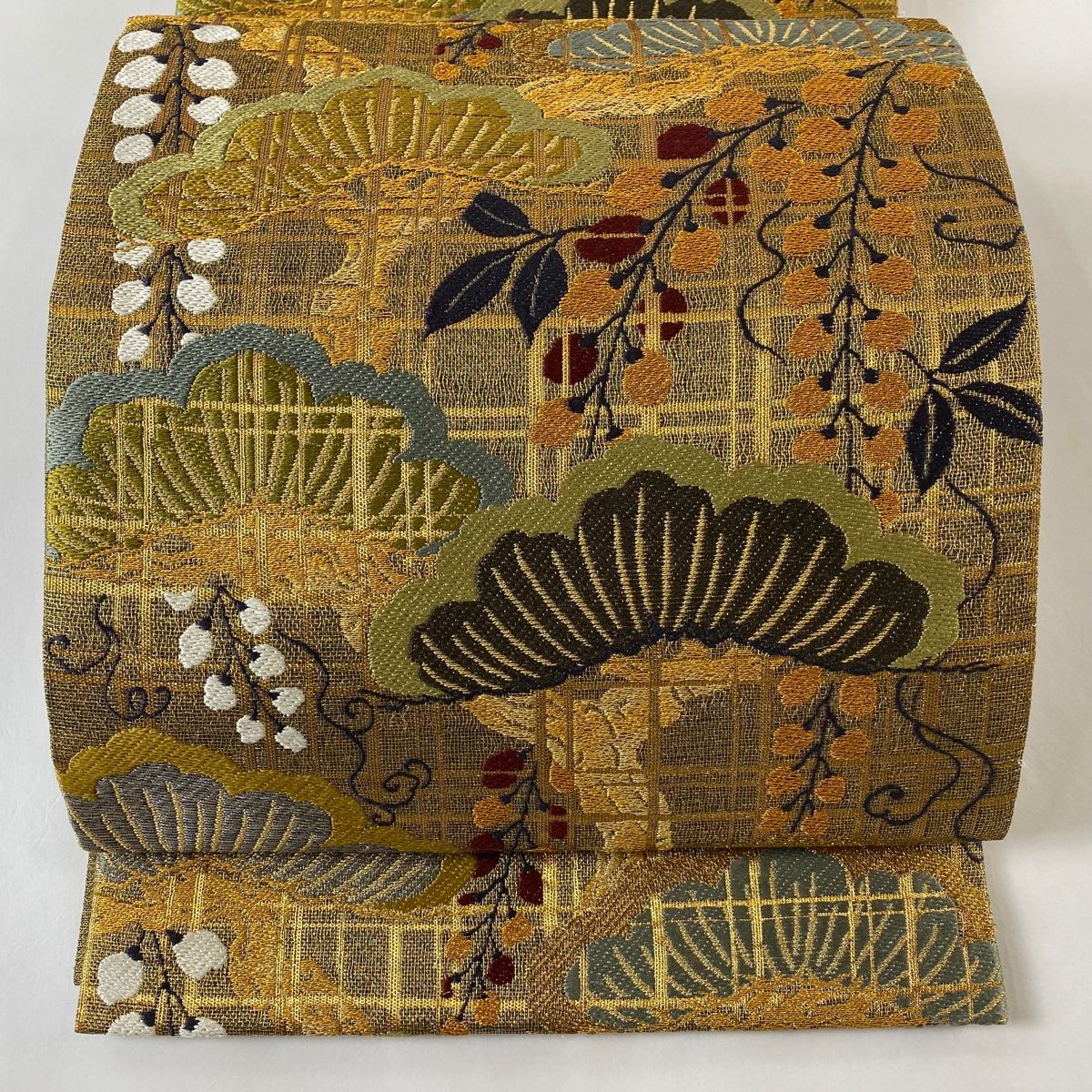 袋帯 美品 逸品 誉田屋源兵衛 落款 格子藤に松 金糸 箔 金色 六