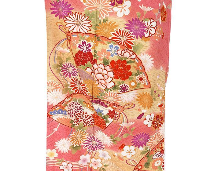 正絹　振袖　着丈160㎝ 振袖 正絹 雲取 扇面 四季花 身丈170cm 裄丈69.5cm 中古