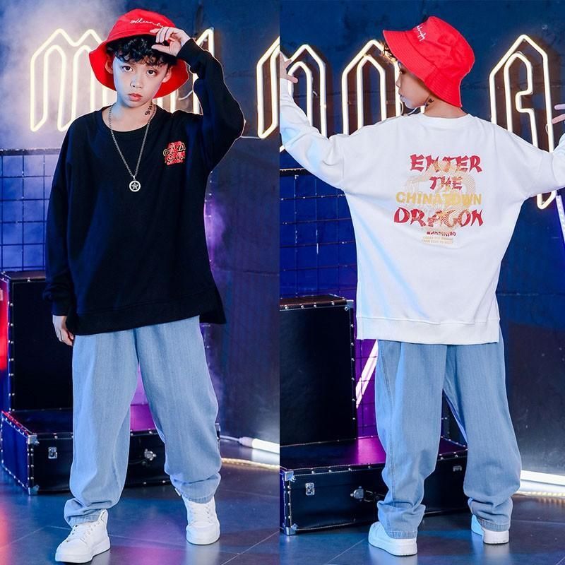 男の子 キッズ ダンス衣装 ヒップホップ セットアップ 子供 デニムパンツ ダンストップス HIPHOP 演出服 女の子 長袖 ジャズダンス おしゃれ ステージ衣装bainian03