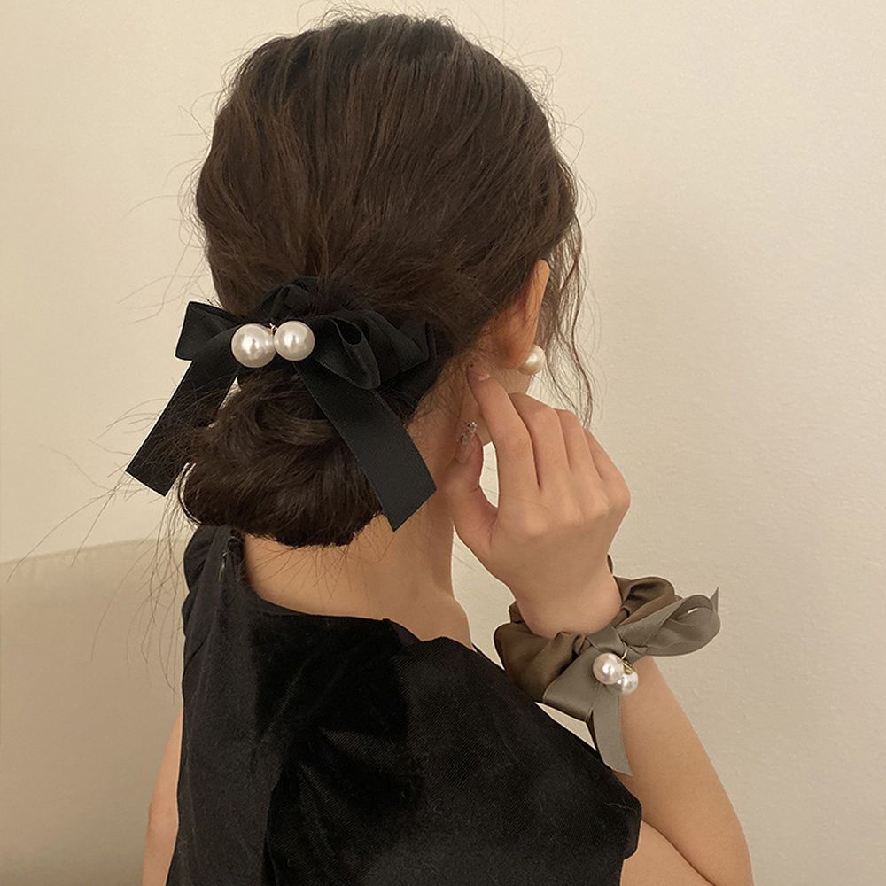 シュシュ ヘアゴム パール リボン 韓国 ヘアアクセサリー サテン 