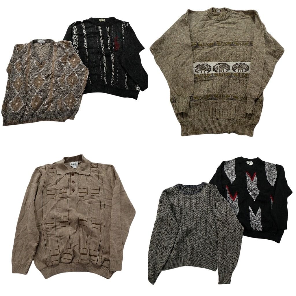 古着卸 まとめ売り 混紡素材 柄ニット セーター 6枚セット (メンズ M ) ニットポロ デザイン系 Vネック ダークカラー MX2125