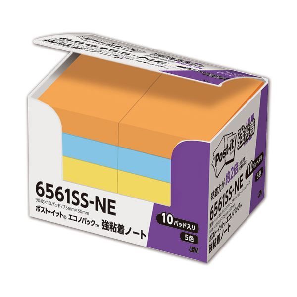 まとめ 3M ポスト イット 強粘着エコノパック ノート 75×50mm ネオンカラー 5色混色 6561SS-NE 1パック 10冊 ×5セット