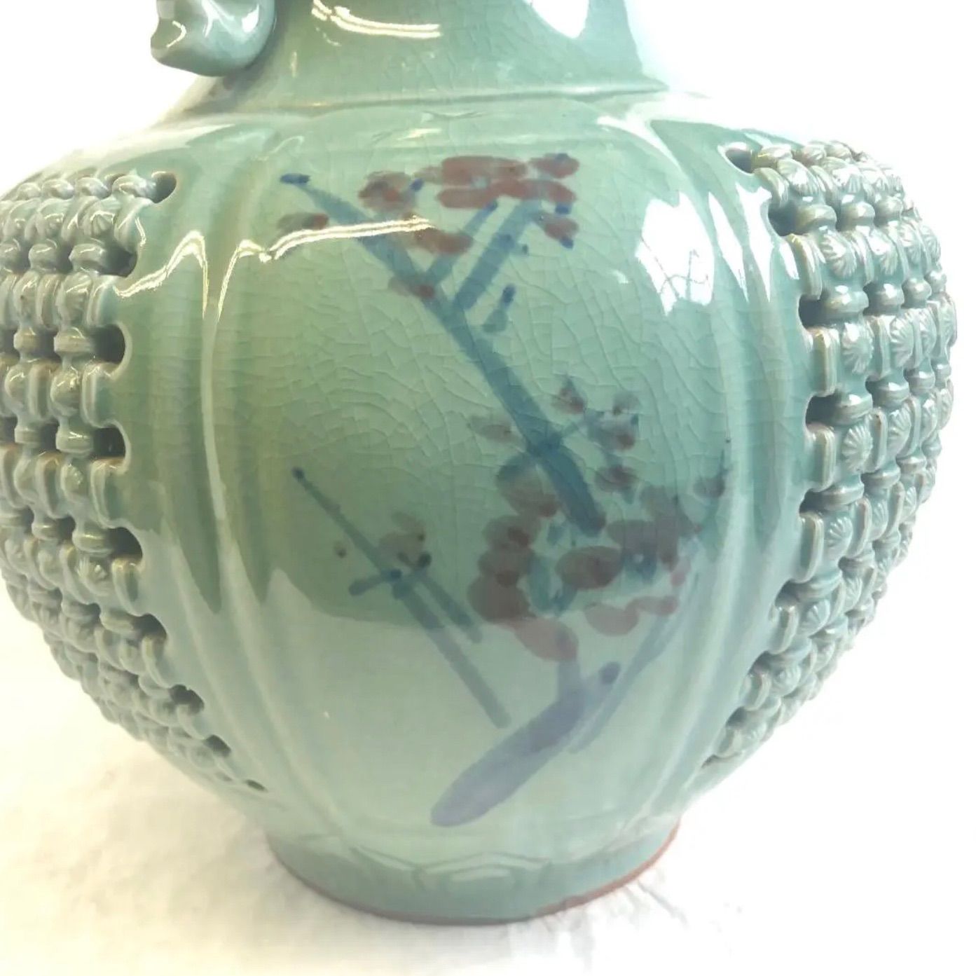 青磁 透かし 壺 壷 花瓶 宇星 韓国美術 二重胴 #1319 - 置物