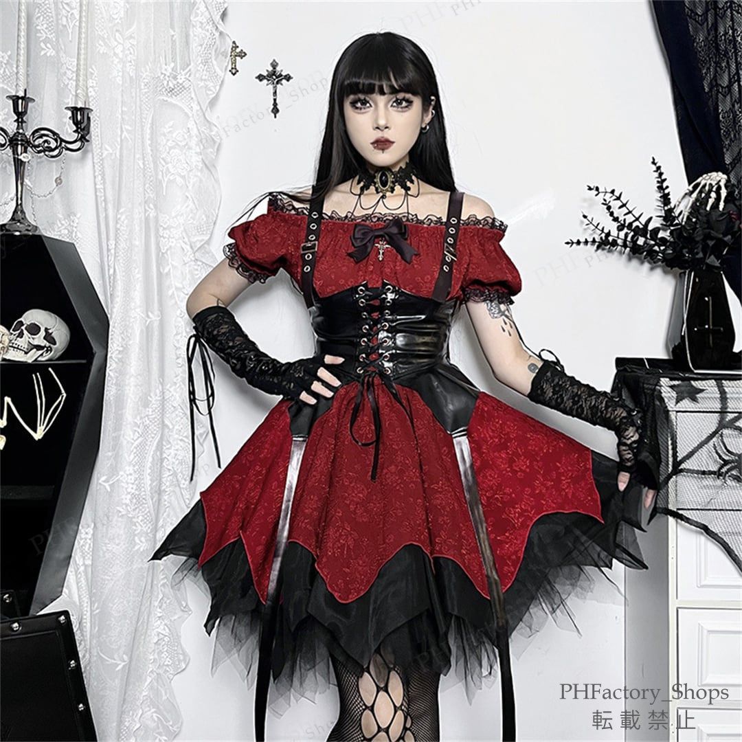ハロウィン衣装 レディース ハロウィン仮装 コスチューム ロリータワンピース ゴシック 暗黒系 コスプレ衣装 仮装 パーティー グッズ 変装 イベント カフェ 萌え かわいい ブラック
