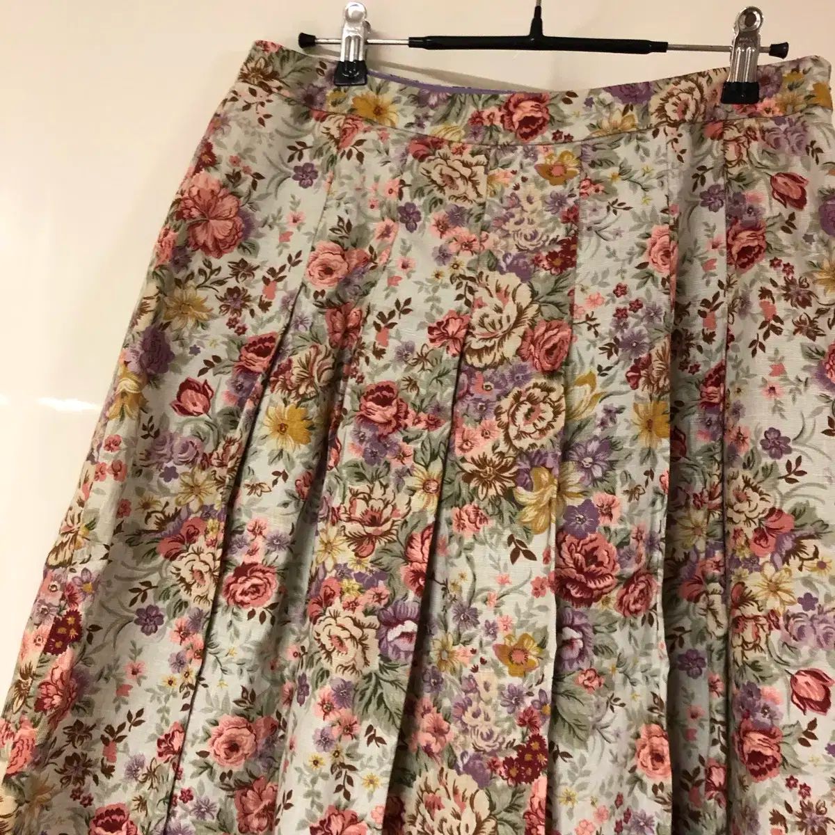 Bucolique リネン100％ アンティーク フラワー フローラル シャーリング プリーツ ミディ スカート