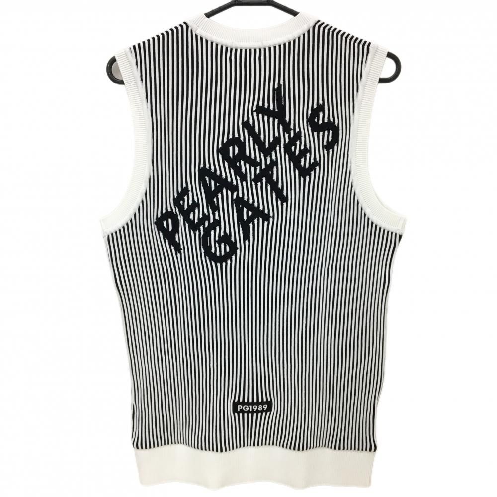 パーリーゲイツ ニットベスト 白×黒 ストライプ 後ろビッグロゴ Vネック メンズ 5 L ゴルフウェア モデル PEARLY GATES