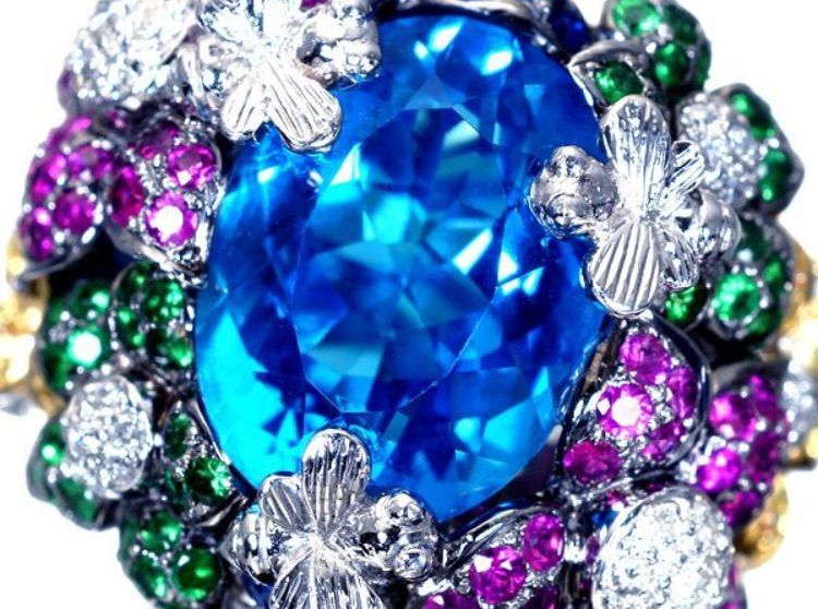 ジュエリー 上品 超大粒天然ブルートパーズ12.11ct＆マルチ宝石＆ダイヤ1.18ct 超 K18WGリング h7321vgl