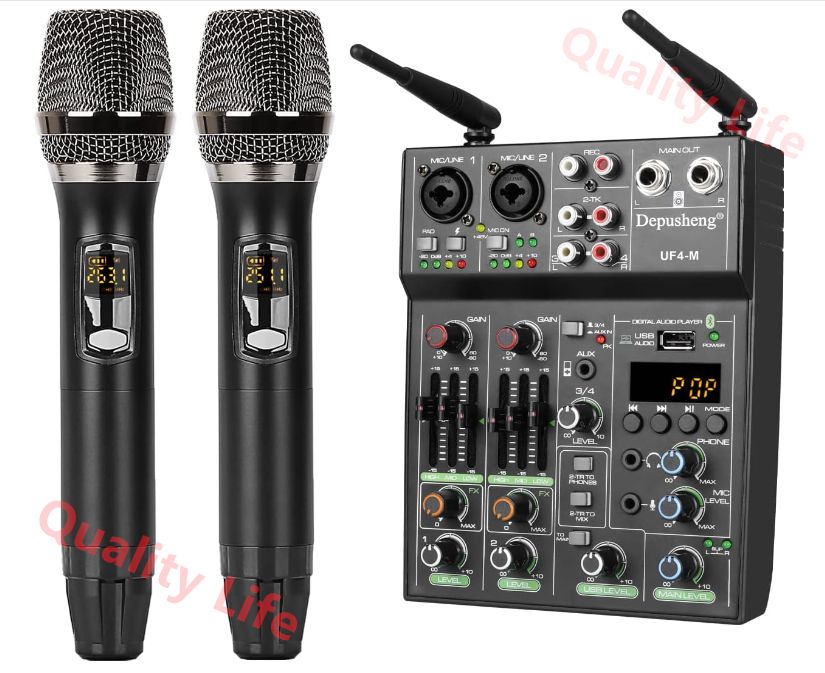 Studioオーディオサウンドミキサーボード-4チャンネルBluetooth互換プロフェッショナルポータブルデジタルDJミキシングコンソール ワイヤレスマイク付き -スタジオレコーディング用ミキシングボード