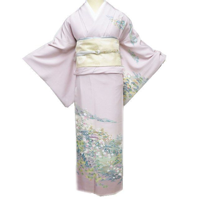 美品 伊と幸 正絹 着物 トール“松竹梅や菊、ぱっと花開く茶屋辻”訪問着S-80 未着用 金駒刺繍 着物 正絹“お着物の枠には収まらない松竹梅や菊