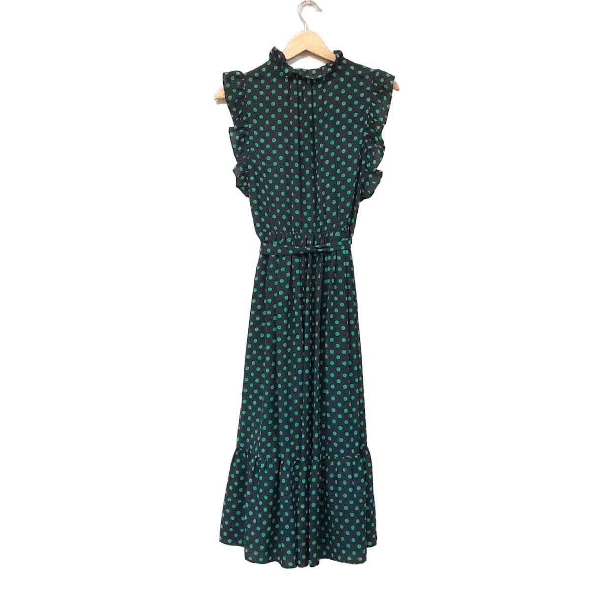 Kate spade ケイトスペード ワンピース サイズ0 XS レディース - ダークネイビー×グリーン ノースリーブ ロング ドット柄 フリル