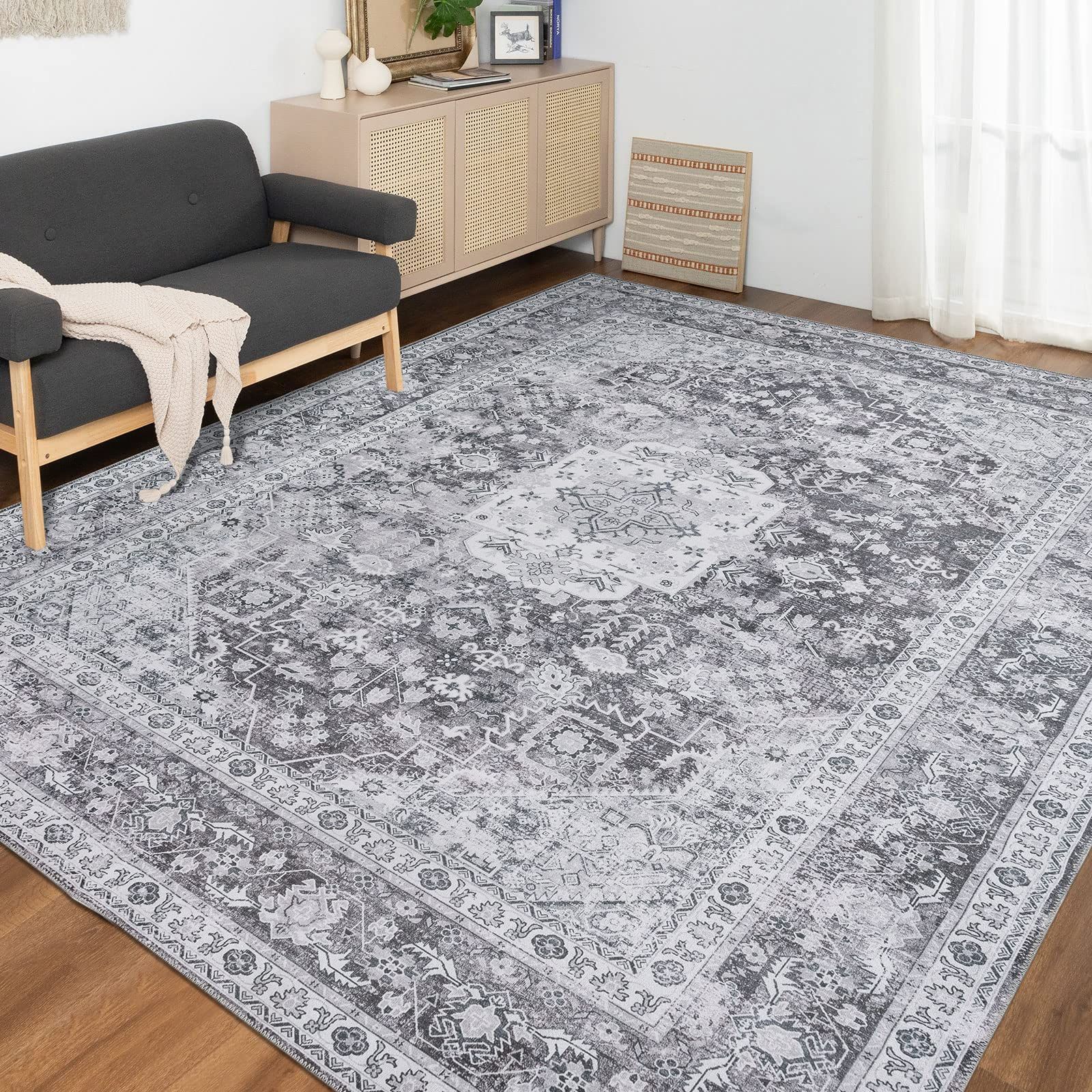 グレー 滑り止め オールシーズン 洗える 防ダニ 200x250CM マット 防臭 ラグ ペルシャ絨毯風 3畳 床暖房対応 カーペット DECOMALL