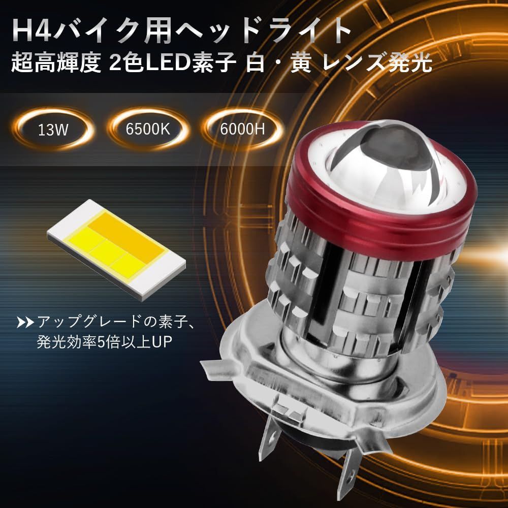 新品 Futwod バイク ヘッドライト LED H4 高輝度 レンズ発光 バイク用ヘッドライト HI/LO切替 2色 ホワイト イエロー バイクライト デビルアイLEDバイクランプ 一体型 フラッシュライト LEDバルブ DC12V 1500LM 6500K