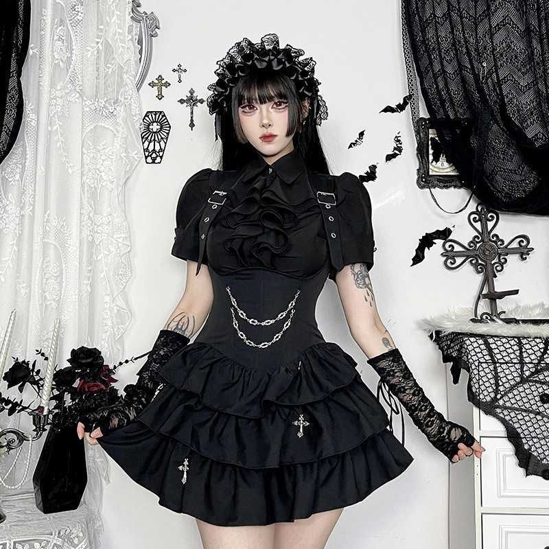 暗黒ゴシック風 即 OK レディース 女性用フリル セットアップ シャツ キャミソールワンピース ストリート カジュアル おしゃれ 万能 ブラック かわいい 宮廷服 学園祭 文化祭 舞踏会 パーティー 演奏会 披露宴 現代劇 yibei09