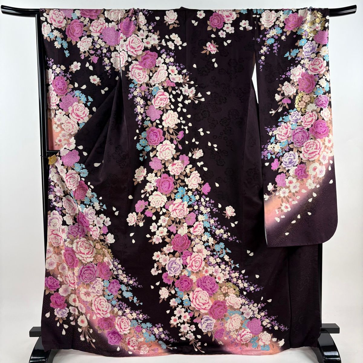 振袖 身丈170.5cm 裄丈68.5cm L 袷 牡丹 草花 刺繍 箔 茶紫 正絹 名品