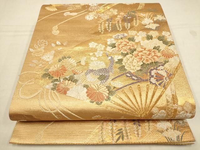 平和屋着物▽六通柄袋帯 錦繍絵扇花鳥文 金銀糸 正絹 逸品