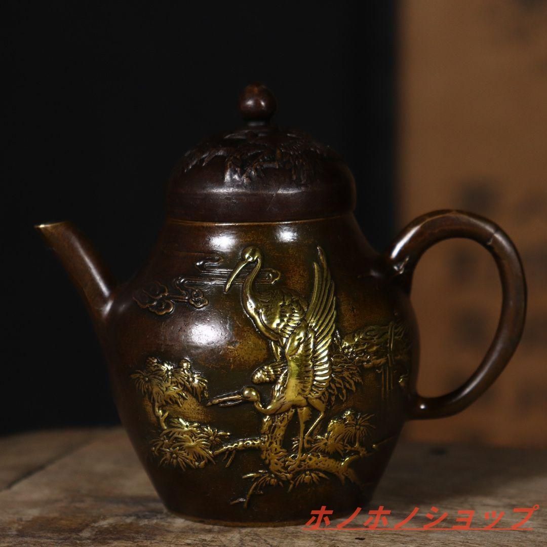 銅器 仙鶴銚子茶壺 茶道具 煎茶器 装飾品 工芸品 置物 銅器 茶壺 小茶壺