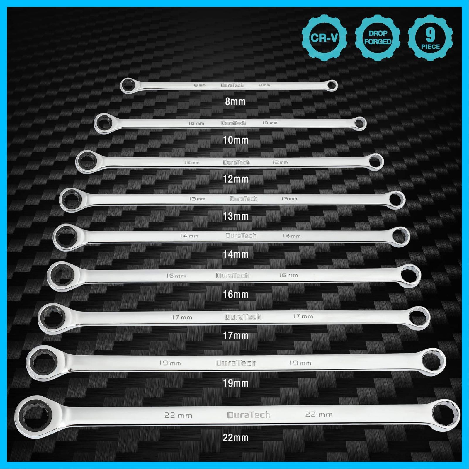 DURATECH メガネレンチセット 板ラチェットレンチ ロングタイプ ミリサイズ 片側ラチェット構造 72ギア ミラー仕上げ 8~22mm 収納ケース付 9本組