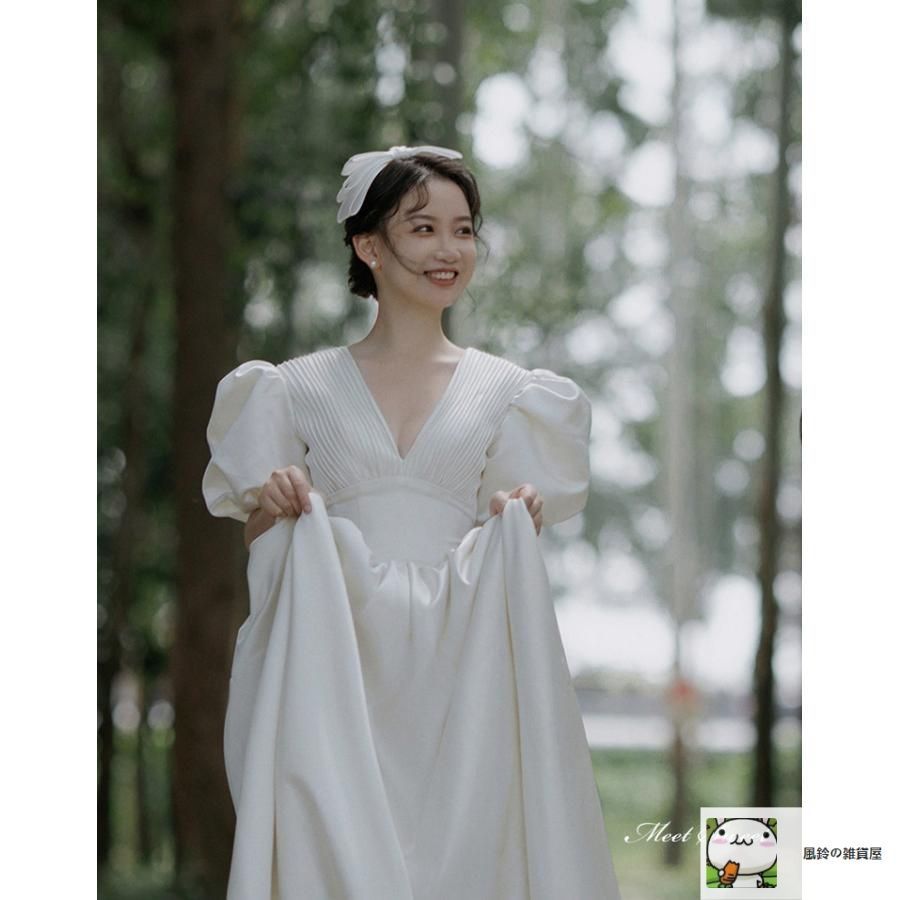 ウェディングドレス ロングドレス Aラインドレス パフスリーブ Vネック レトロ調 編み上げ 二次会 結婚式 前撮り ブライダル 花嫁 ウエディ