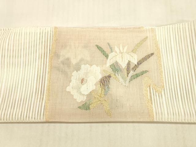 平和屋着物＊夏物 絽綴れ 八寸名古屋帯 流水草花文 杜若 椿 金
