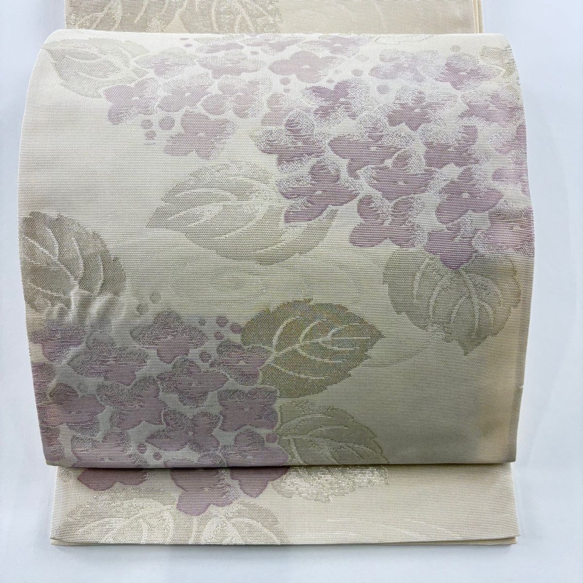 袋帯 秀品 夏帯 紗 紫陽花 水面 箔 金糸 ベージュ 六通 正絹 【中古 