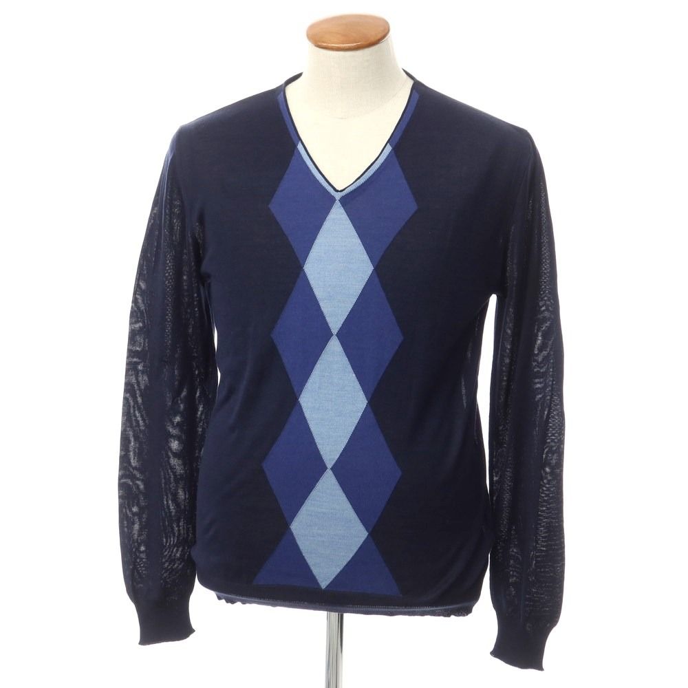 【中古】エルマンノ シェルヴィーノ ERMANNO SCERVINO シルク Vネック プルオーバーニット ネイビー【サイズ50】【メンズ】